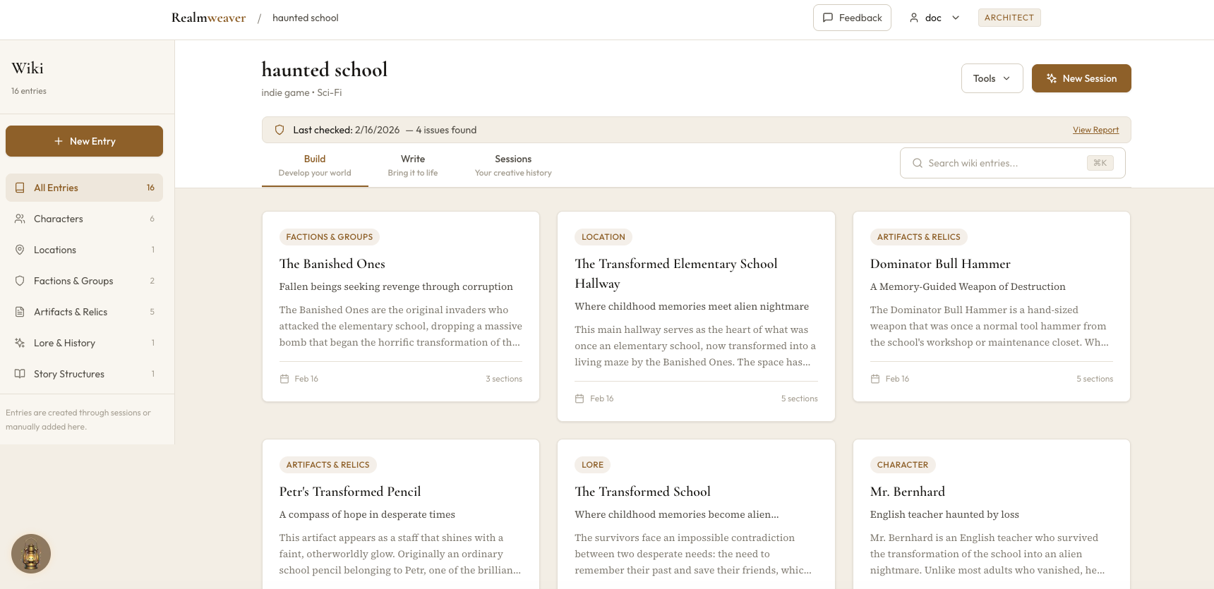 Your world dashboard showing wiki entries organized by category