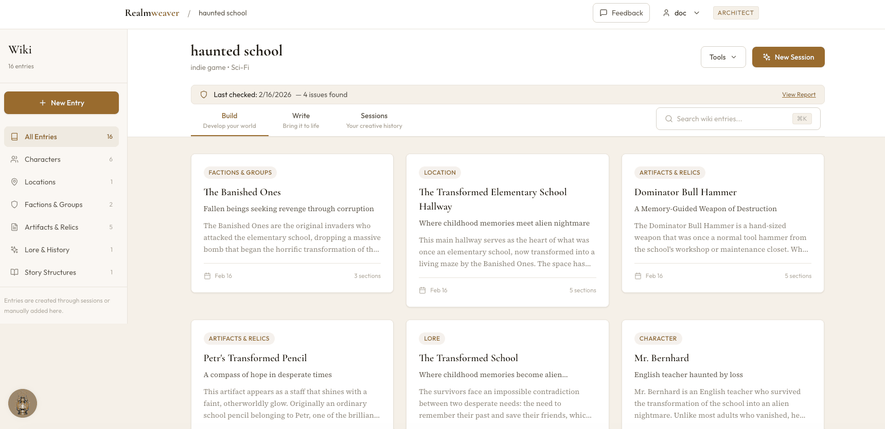 Your world dashboard showing wiki entries organized by category