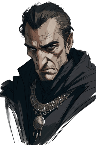 Portrait of Marshal Kade, a gaunt stern man in a dark cloak and silver chain
