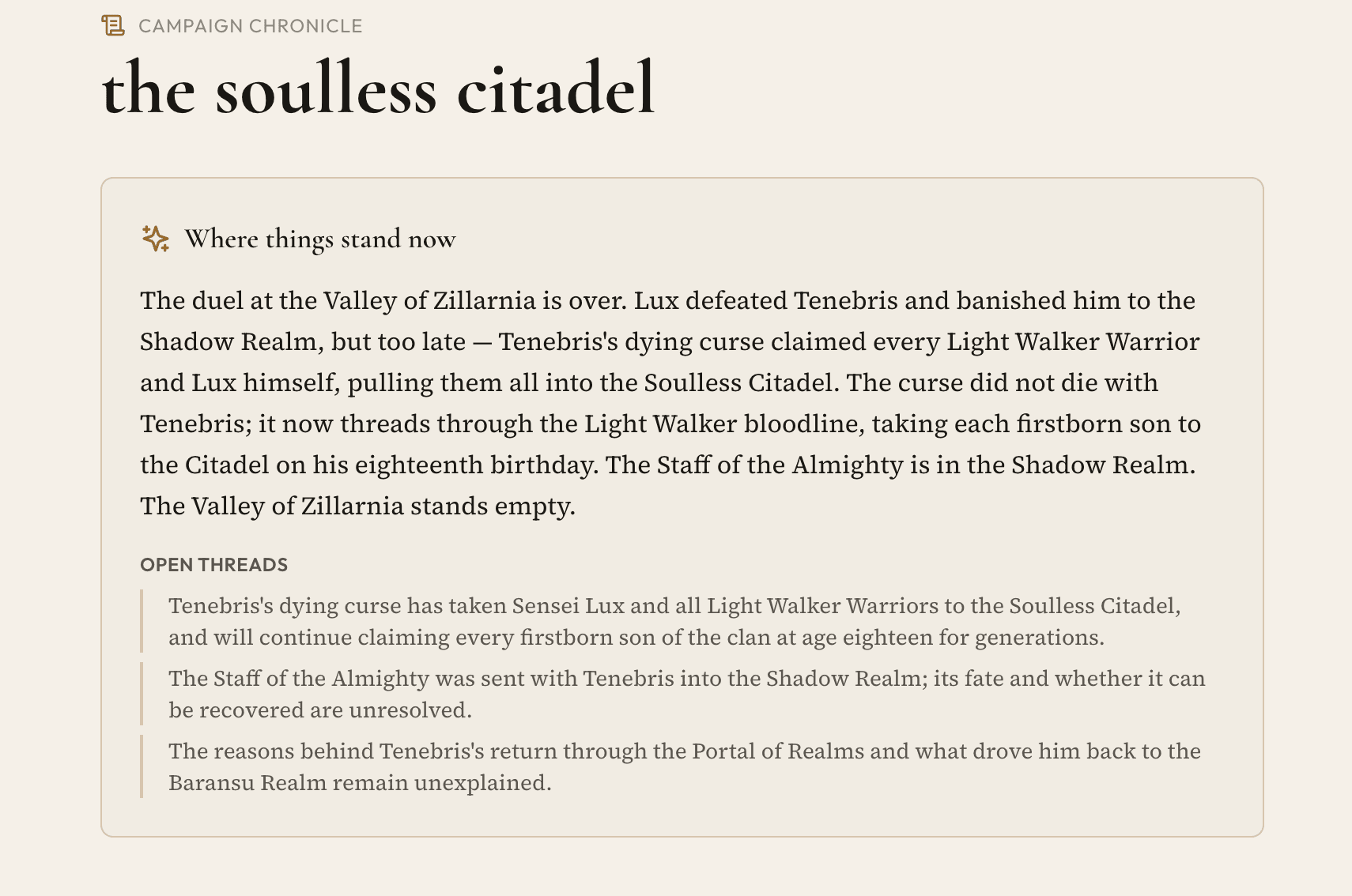 Public Chronicle page for a campaign — parchment-styled, showing the 'Where things stand now' panel with narrative summary and open threads